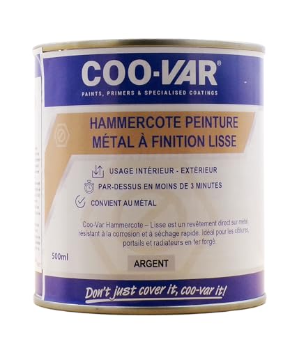 Coo-Var CooVar Hammercote - Peinture Métal Lisse Antirouille à Séchage Rapide Argenté brillant, Extérieur et Intérieur - 500ml - 5m²