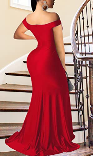 Image of Fooullaide Women Sexy Off Shoulder Elegant V Neck Wrap Formal Evening Gowns | Bodycon, Floor Length, High Split Mermaid Maxi Dress, Stretchy, Prom, Wedding Guest, Cocktail Bridesmaid Wear