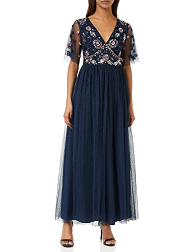 Maya Deluxe Damen Womens Maxi Dress Ladies Embellished Spot Mesh A-line...