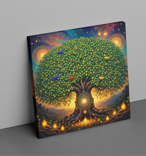 Image of Kunj Cart Kalpavriksha Tree Painting | 8+ DESIGNS | Kalpvriksh Tree Wall Painting | Lucky Tree Wall Art For Living Room, Bedroom and Office Decor | Canvas Painting for Wall Decoration (Design - D, 12x12 Inch, Framed)