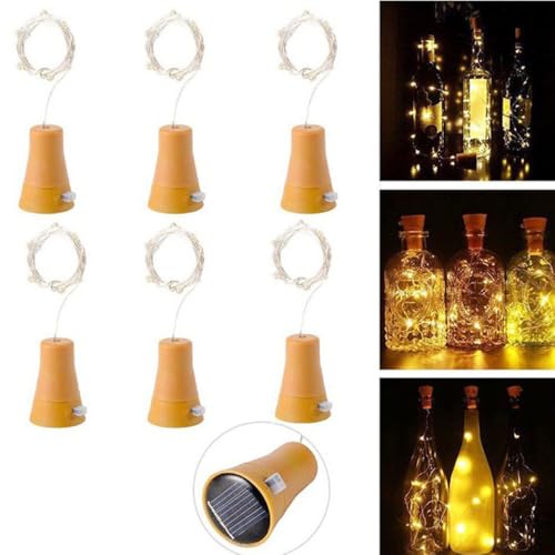 6 luces solares para botellas con corcho, 10 luces LED de alambre de cobre para botellas de vino, decoración de boda, impermeable, uso en exteriores e interiores (1 m) (blanco cálido)