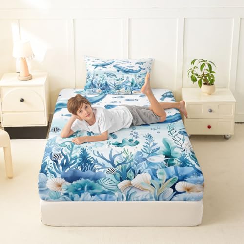 Image of jejeloiu Sea Animal Bed Sheets Set Twin Size Whale Turtle Fish Bed Set for Kids Boys Girls The Sea Marine Animal Deep Pocket Fitted Sheet Summer Breathable Soft Lightweight Microfiber