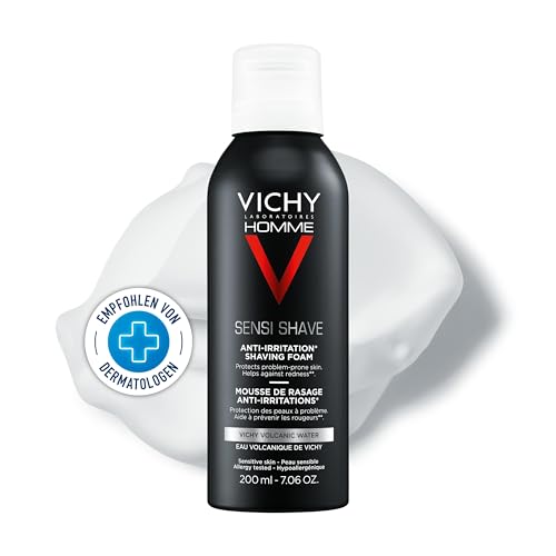 Vichy Homme Sensi Shave Rasierschaum, Für eine glatte, nicht reizende Rasur, Feuchtigkeitsspendend, Gegen Hautirritationen und Rötungen nach der Rasur, 200 ml