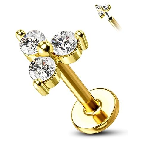 COCHARM Triple CZ Threadless Flat Back Stud Earrings 16g Push Pin Gold Tragus Helix Stud Earrings for Cartilage 6mm Gold Push in Helix Tragus Piercing Jewelry 16g Flat Back Earring Cover