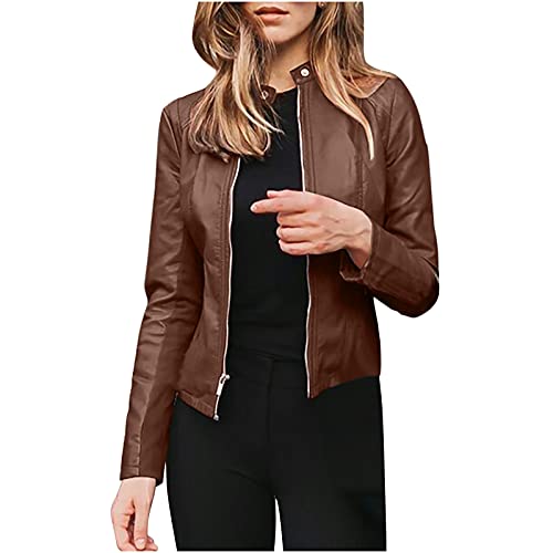 Women's Faux Leather Jackets Zip Up Short Motorcycle Outwear Slim Fitted PU Leather Coat Leather Moto Biker Jacket