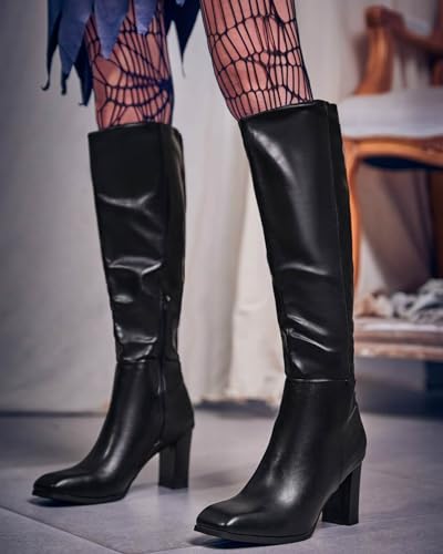 Coutgo Womens Knee High Boots Chunky Block Heels Square Toe Side Zipper Faux Suede Fall Winter Comfort Boot3