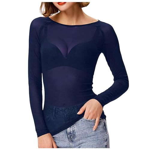 Hauts Transparents Femmes T-Shirt Haut en Voile Transparente Elastique Chemise Noir Manches Longues Top en Maille Sexy Tunique Basic Top Tshirt Pull (Blue, L)