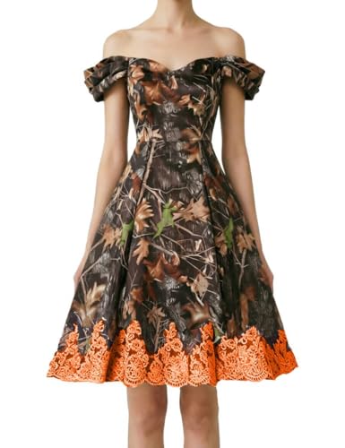 Knee Length Camo and Lace Bridesmaid Dresses Wedding Guest Formal Dress with Off Shoulder