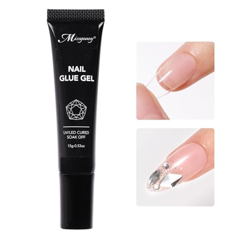 Missgooey ネイルパーツ接着剤 ネイルチップ接着剤 つけ爪接着剤 ネイルチップグミ ラインストーン接着 粘土ジェル クリア ジェルネイル 手で押さえ不要 多機能 強力 UV/LED対応 初心者＆プロ適用 15gの商品画像（Amazon）
