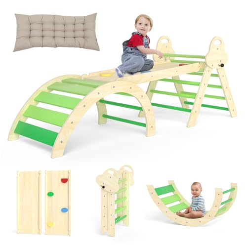 Puecrof 7-in-1 Montessori Climbing Triangle with Pillow - Wooden Climbing Toy for Toddlers Aged 1 to 3 Years - Indoor Climbing Arch with Slide Ladder and Play Arch (Green)