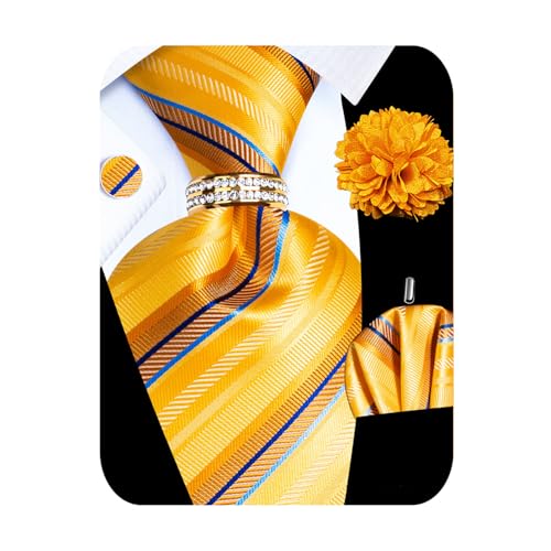 Image of 5PCS Mens Silk Designer Tie, Pocket Square, Cufflinks, Drilled Tie Ring and Lapel Pin Set for Wedding Groom Party