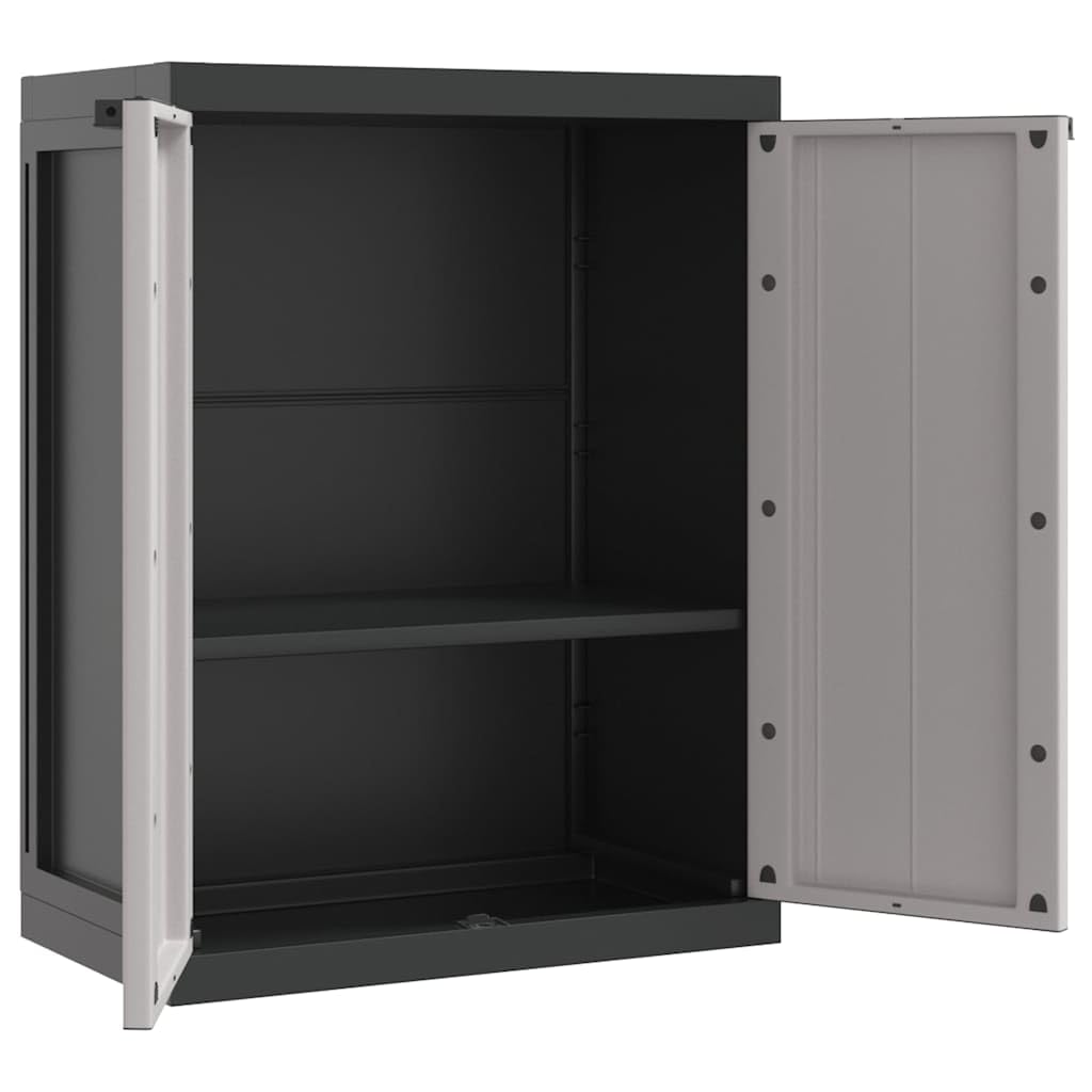 Gartenschrank Grau und Schwarz 65x37x85 cm, Robuster Geräteschrank aus PP-Kunststoff mit verstellbarem Einlegeboden, Abschließbarer Balkonschrank für Garten und Terrasse