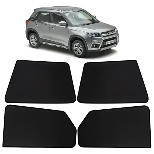 Image of OTO2EYE Car Sun Shade Compatible for Maruti Suzuki Vitara Brezza Model 2016 to 2019, Z-Black Fix Type Side Window Curtains, Only Half Cut in Front Window, 4 Pieces Set