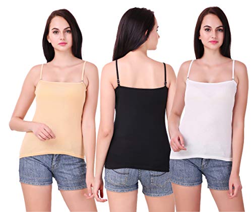 Image of Set of 3 Spaghetti Camisole Vest Top Inner Wear Camis with Adjustable and Detachable Strap (Free 1 Pair Transparent Strap) for Women and Girls