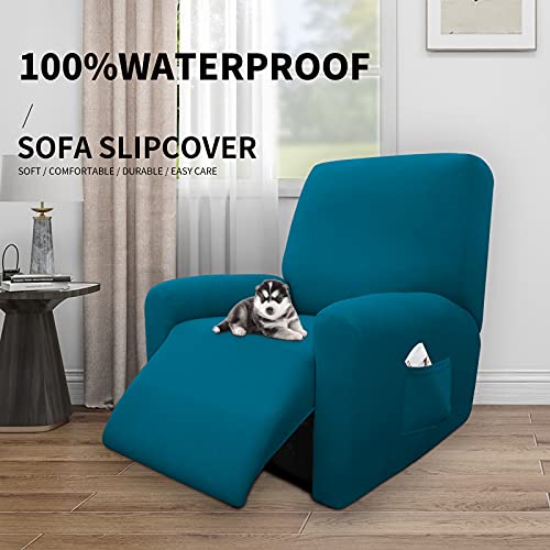 Image of Easy-Going 4 Pieces Waterproof Recliner Chair Slipcover Washable | Stretch Soft Couch Cover for Dogs, Sofa Slipcover for Recliner Couch Furniture Protector for Kids, Pets Peacock Blue