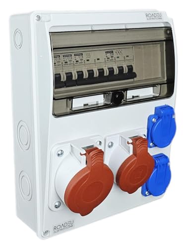 RoadEu - Cuadro Eléctrico de Obra con Interruptor termomagnético. Enchufe CEE de 16A y 32A con 4 enchufes Schuko de 230V. Caja de Distribución Eléctrica premontado