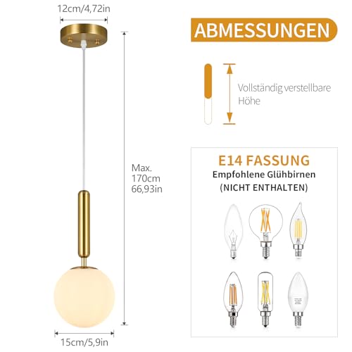ZPBSJ Modern Golden Pendant Light for Kitchen Island Mid Century Pendant Lights with Globe Milky White Glass Pendant Light for Dining Room Bathroom Entryway Bedroom(1-Pack) - Image 4