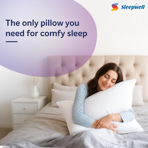 Image of Sleepwell Huggs Classic Soft Fibre-fill Pillow |White| Hand Washable | Polyester Satin Stripes | Sewn Seam | Polyester Conjugate Fibre | Lightweight & Vacuum | Medium Soft | 27 x 17 Inches | Pack of 1