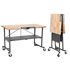 COSCO SmartFold Butcher Block Portable Workbench / Folding Utility Table (Hardwood Top, 700LB Total Weight Capacity, Locking Casters, Gray Steel Frame, 1 Pack)