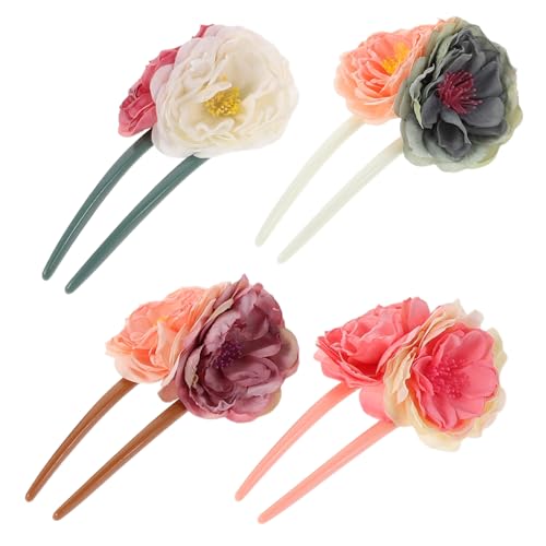 healvian 4個古風発簪 字型フレンチエアフォーク 薔薇花飾り付き 布製軽量ヘアピン 花嫁用和風髪飾り 結婚式 パーティー向け女性用髪留め