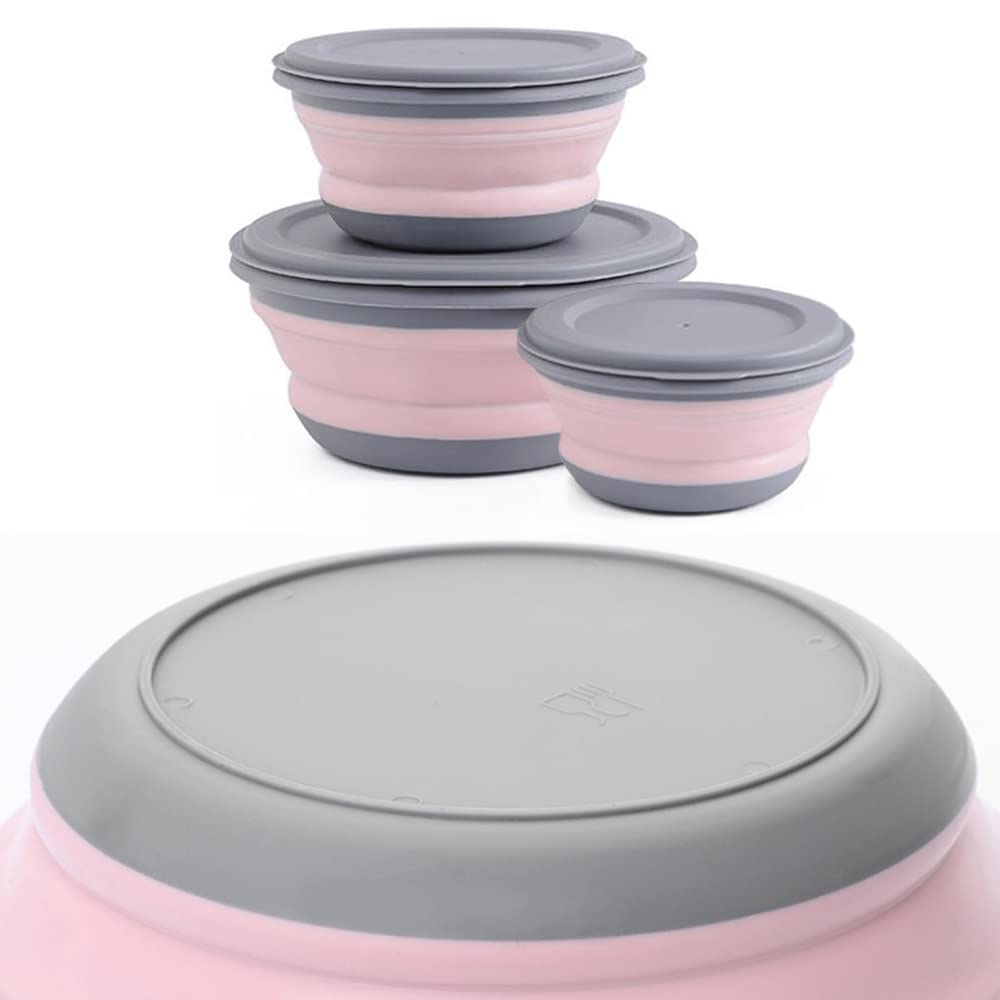 Collapsible Bowl Sets, 3 Pcs Portable Food Storage Outdoor Tableware, Silicone Folding Lunch Box Salad Bowl with Lid for Outdoor Camping Hiking