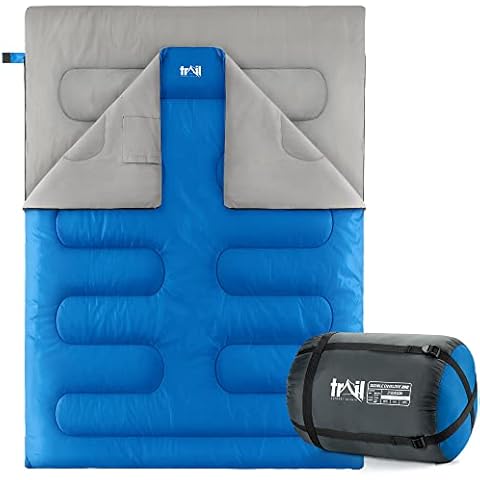 Double Sleeping Bag For Adults, Envelope 2 Season Summer Spring Autumn 250gsm, Outdoor Camping, Lightweight Carry Bag, Storage Pockets, 200cm x 150cm, Trail Cover