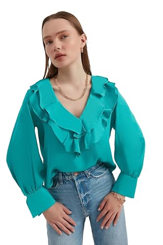 Hiccup V Neck Satin Ruffled Retro Blouse