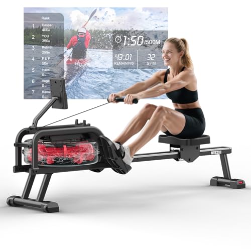 Neezee Máquina de remo para el hogar, remo de agua con monitor LCD profesional y soporte para tableta, máquina de remo de agua con aplicación Kinomap Experiencia de remo inmersivo, máx. 160 kg de