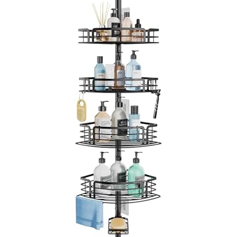 Consumest Corner Shower Caddy Organizer - Rustproof Shower Organizer Corner Tension Pole with Towel Bar & Soap Holder, Adjustable Shower Corner Shelf for Bath & Shower Storage, 27.6-108.3 inch, Black Cover