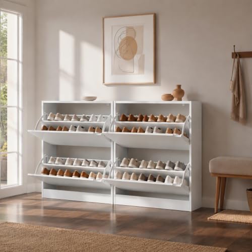CYOBABA White Shoe Cabinet, 2 Flip Drawers（2-Pack）, Hidden Design, 31.5" W