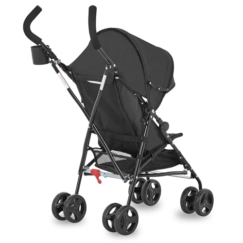 Image of Dream On Me Rover Convenience Baby Stroller - Lightweight & Compact Travel Umbrella Stroller, Quick One-Hand Fold, Lockable Rear Wheels, Adjustable Canopy, 3-Point Safety Harness & Cup Holder - Black