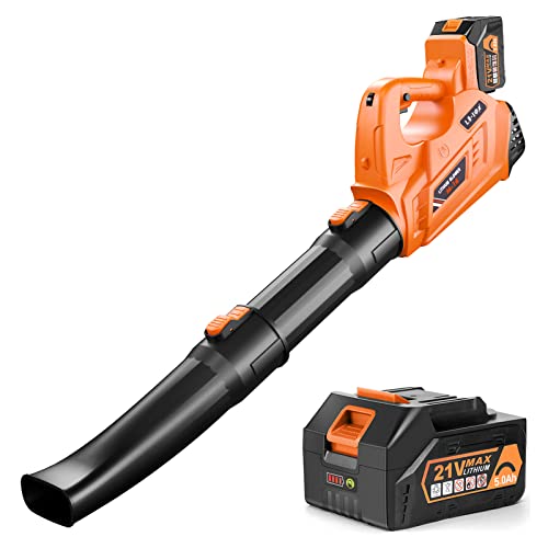 EKACO Cordless Leaf Blower, 320 CFM 180 MPH 5.0Ah Battery Operated Leaf Blower with Battery and Charger, 21V Electric Blower with 6 Variable Speed Control for Lawn Care, Blow Leaf, Snow Debris, Dust