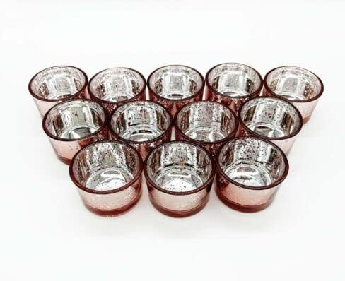 Set of 12 Mercury Glass Tea Light Holders Candle Votive Wedding Decoration 3.3 CM H (ROSE GOLD)