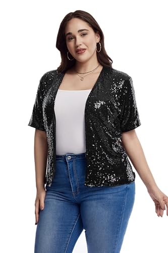 Women's Sequin Jacket Sparkly Cardigan Short Sleeve Open Front Blazer Loose Casual Party Blouse Tops2