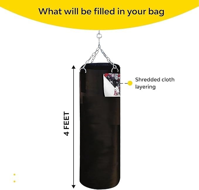 4 Feet (48 Inches) Filled Synthetic Leather Boxing Punching Bag, One Pair Hand Wraps, with Hanging Chain, Black