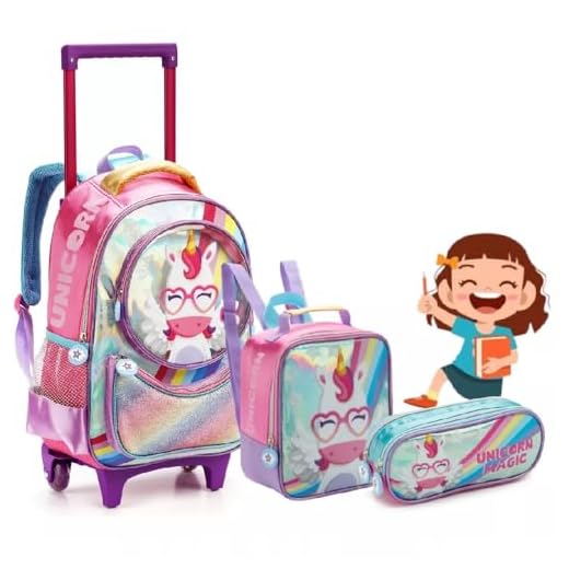 Kit Mochila de Rodinha Estojo e Lancheira Unicórnio Magic