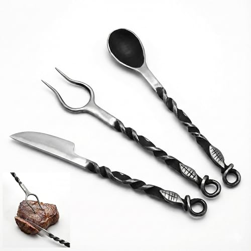 Lord of Battles Medieval Cutlery Set – Hand Forged Viking Eating Utensils with Knife, Fork & Spoon, Rustic Camp Dining Kit for LARP, Renaissance Fair, Reenactment & Bushcraft