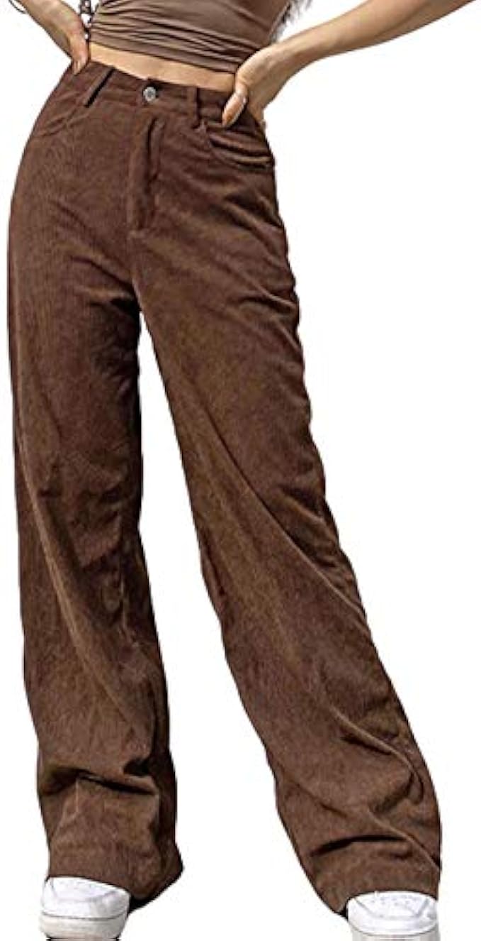 Himosyber Corduroy Pants for Women Wide Leg High Waist Loose Comfy Trousers with Pockets