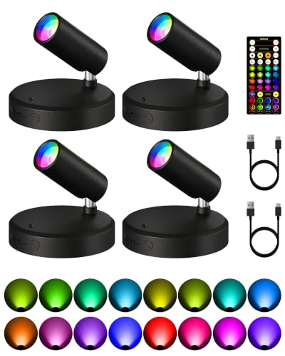 Image of EZVALO RGB Spotlights Indoor with Remote, Wireless 5500mAh Rechargeable Accent Lights, 83 Color Changing & DIY Modes, Mini Spotlight for Plants, Artwork, Display Cabinet, Shelves & Home Decor (4 Pack)