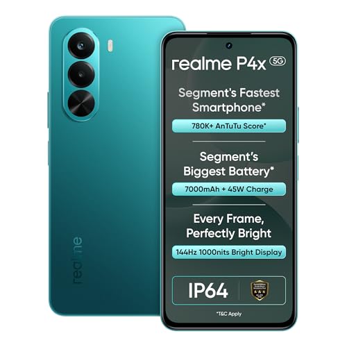 realme P4X Smartphone 6.72 inch 144Hz Display 7000mAh Titan Bettery 45W Fast Charge 6GB RAM 128GB ROM Dimensity 7400 Ultra 5G Chipset IP64 Waterproof Dual SIM (Lake Green)