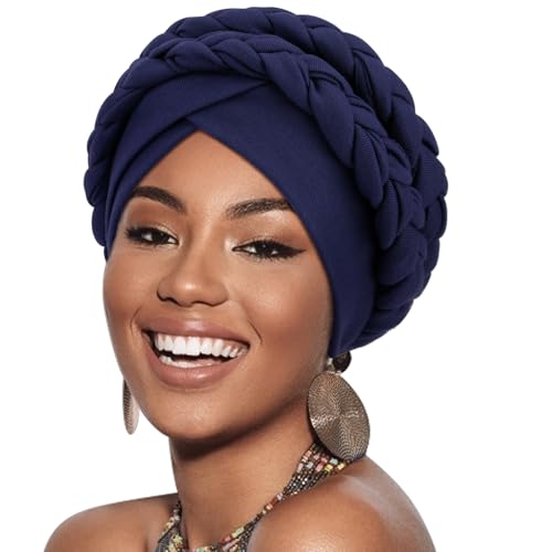 Image of DRESHOW African Women Turban Caps Cotton Beanie Twist Headscarf Pre-Tied Double Twisted Braids Wrap Hat Chemo Cancer Cap