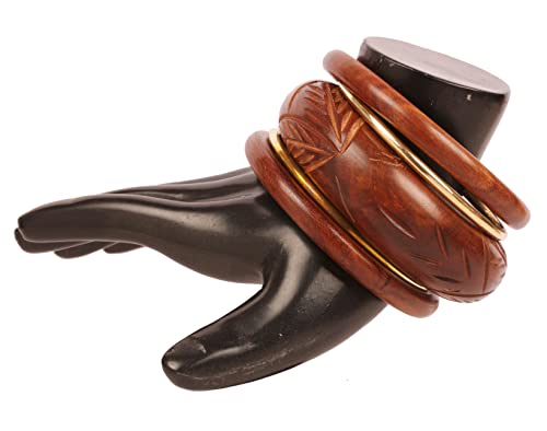 Image of Touchstone wood bracelets for women bangle wooden jewelry handmade artisan bangles natural handcrafted brown olive stylish chunky boho bohemian bracelet brass metal inlaid woods stackable