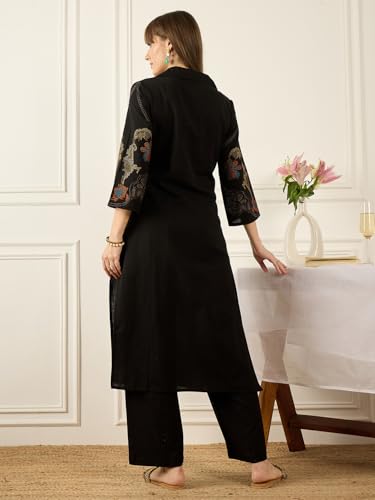Image of INDO ERA Women's Pure Cotton Floral Embroidered Straight Kurta & Palazzo Set | Cord Set For Women Cotton