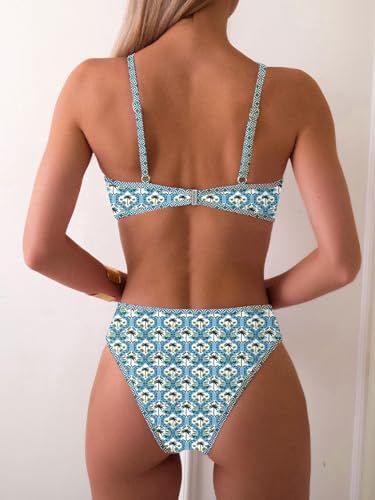 Image of Fanuerg Women's Triangle Bikini Sets O Ring Linked Two Piece Swimsuits Floral Printed Cheeky Bathing Suit
