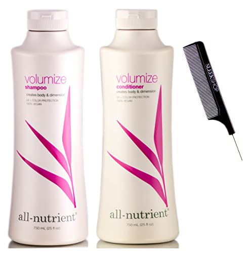 Sleekshop Comb + All-Nutrient VOLUMIZE Shampoo & Conditioner DUO SET, 25 oz LARGE, For Added Hair Volume & Dimension (w/ Sleekshop Rat Tail Pin Comb) UV+ Color Protection, 100% Vegan, Allnutrient All-Nutrient