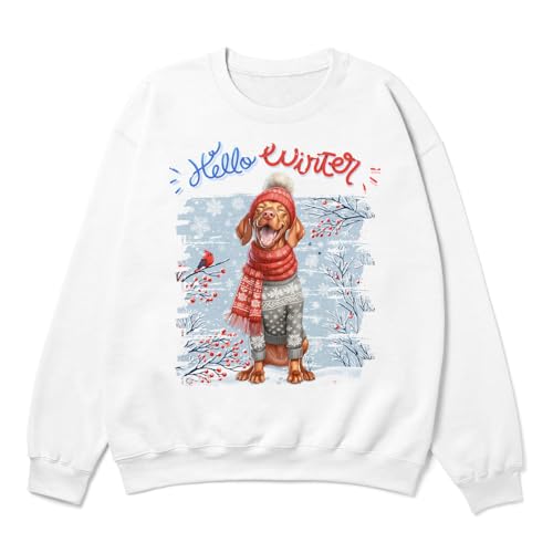 Hello Winter Dog Smiling in Red Scarf Hat Welcome Christmas Adult Youth T-Shirt Hoodie Sweatshirt