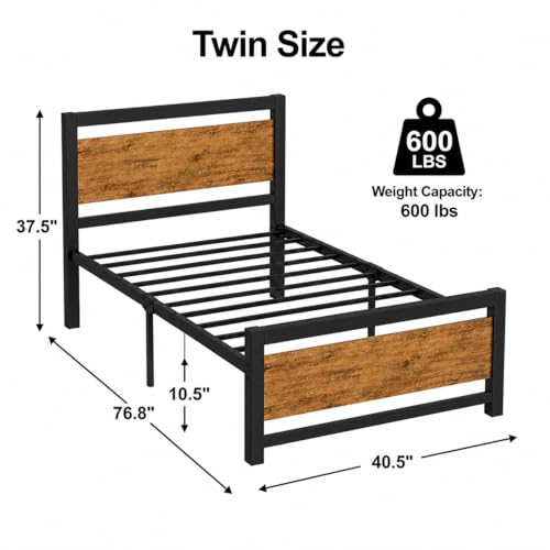 Image of Catrimown Twin Bed Frame with Headboard, Metal Platform Twin Bed Frames with Steel Slat Support, 10.5 in Storage Clearance, No Box Spring Needed, Easy Assembly, Black Brown