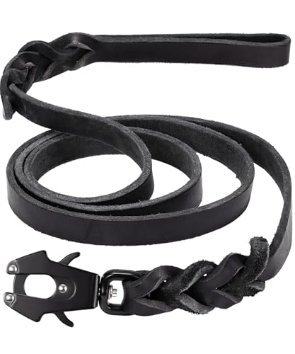 GEIT 4/5/6FT Leather Dog Leash Heavy Duty Dog Training Leashes Genuine Leather Braided Leash with Quick Release/Locking Tactical Frog Clip for Medium and Large Dogs