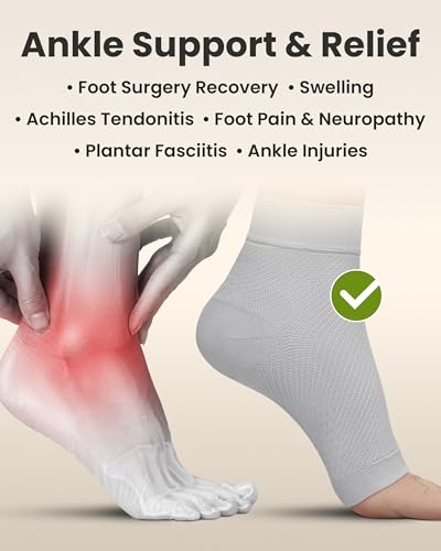 Image of KEMFORD Ankle Compression Sleeve - 1-Pair, Plantar Fasciitis Braces - Open Toe Compression Socks for Swelling, Sprain, Neuropathy, Foot Arch Support for Men and Women - 20-30mmhg, L, Grey