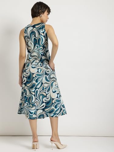 Image of FableStreet Women Party Dress | Elegant A-Line Fit Midi Length V-Neck Sleeveless | Lustrous Satin Fabric for Evening Gatherings & Celebrations